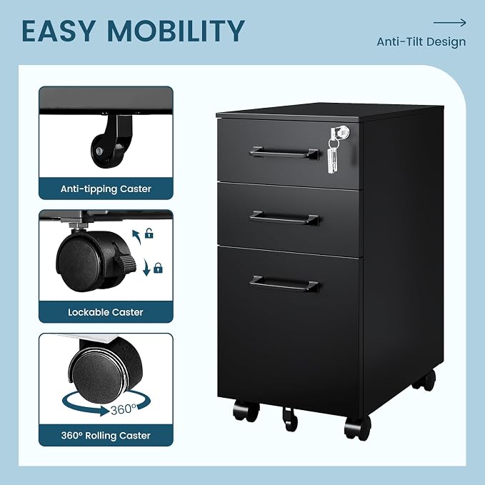 MIIIKO File Cabinet 3 Drawers on Wheels Under Desk, Black Metal File Cabinets with Lock for Home Office, Filing Cabinet with Lock(Un-Assembled)