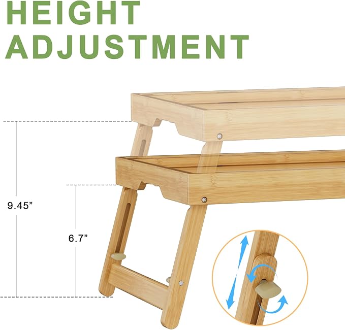 Artmeer Adjustable Bamboo Bed Tray Table with Device Slot, Large, Bamboo | Adjustable FSC-certified bamboo bed tray with device slot, folding legs and handles for meals, laptops and reading in bed.