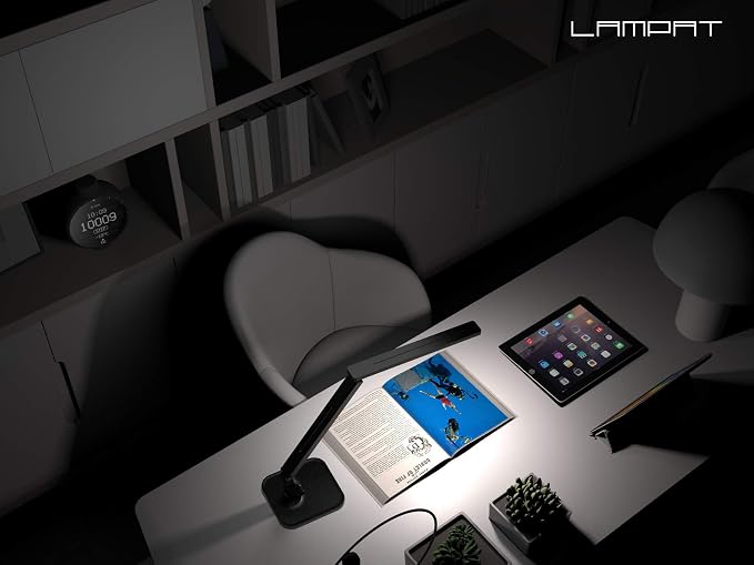 Lampat Dimmable LED Desk Lamp, 4 Lighting Modes (Reading/Studying/Relaxation/Bedtime), 5-Level Dimmer, Touch-Sensitive Control Panel, 1-Hour Auto Timer, 5V/1A USB Charging Port, Piano Black