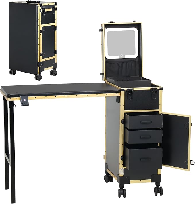Rolling Portable Manicure Table with 3 Drawers, Lockable Makeup Train Case with Detachable Mirror, Foldable Nail Desk with Wheels & Handle, Mesa de Uñas Profesional para Nail Techs & Salon Use, Gloden
