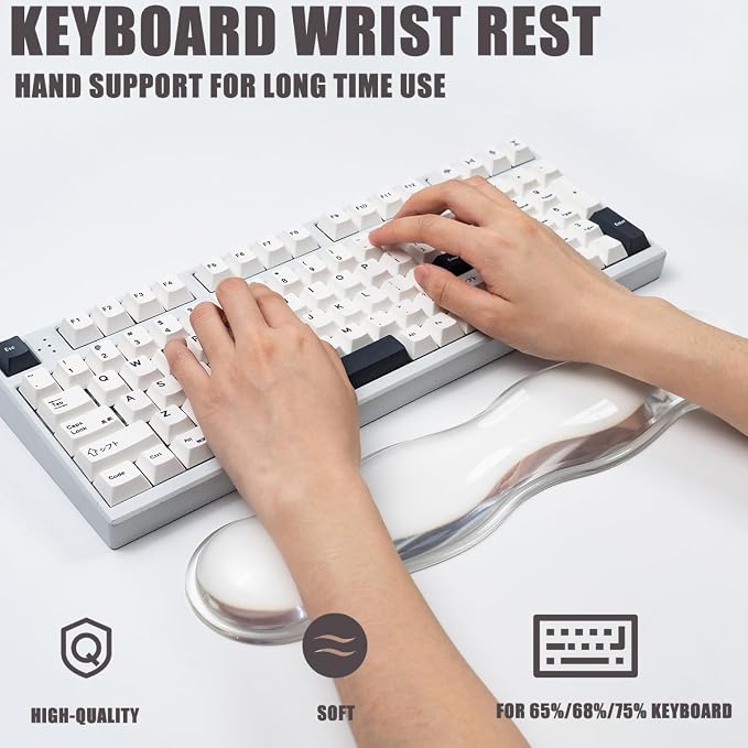 Ergonomic Gel Keyboard and Mouse Wrist Rest Set – Clear Wrist Support for Keyboard 60%/68%/75%, Comfort & Support for Typing and Gaming (White)