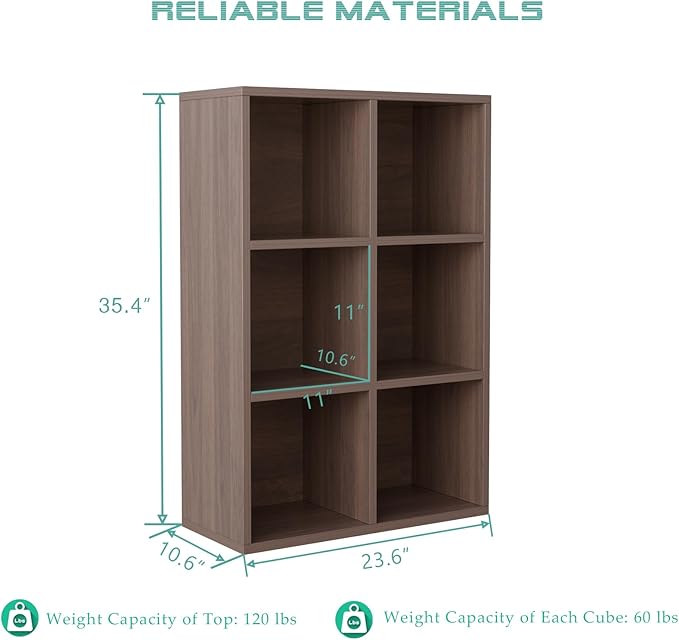 OSCHF 6-Cube Storage Shelf Bookcase - Wooden 3-Tier Floor Standing Open Bookshelf for Home and Office, Cuby Orgainzer, Walnut