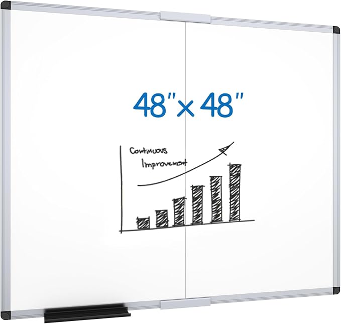 VIZ-PRO Large Magnetic Dry Erase Whiteboard, 48 x 48 Inches, Foldable | Silver Aluminum Frame, 4' x 4' Wall-Mounted White Board with Marker Tray for School Office and Home