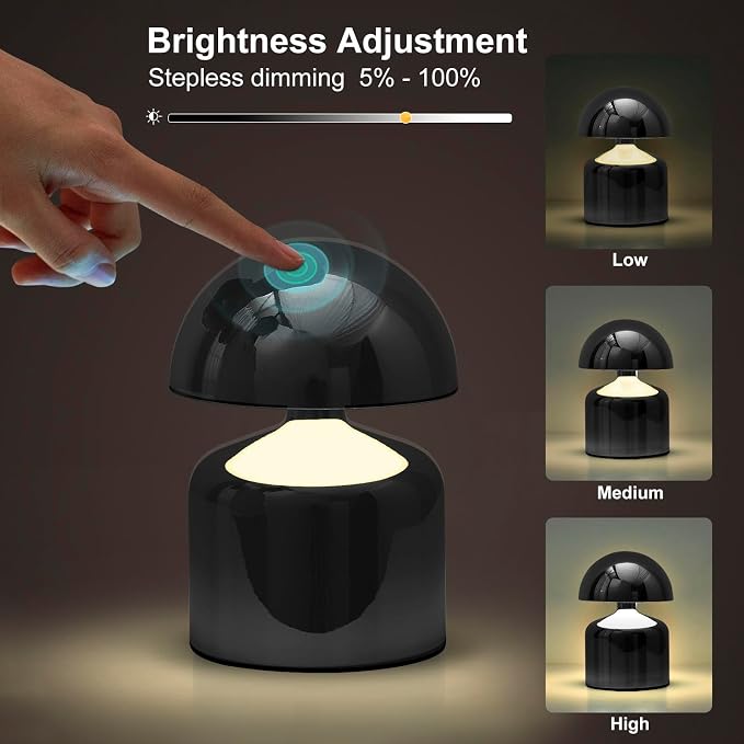 SAIWEYA Modern Cordless Mushroom Small Table Lamp, Dimmable Touch Battery | 3-Way Dimmable, Mini Rechargeable LED Desk Lamp, Night Light, Bedside Nightstand Lamps for Bedroom, Living Room