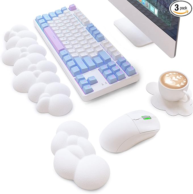 ATTACK SHARK Cloud Mouse Pad Wrist Support and Keyboard Wrist Rest,Ergonomic Design for Typing Pain Relief,Memory Foam Wrist Rest Leather Cup Coaster for Desk,Office,Computer Laptop,Mac(White)