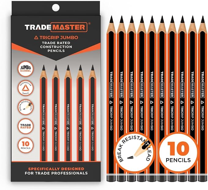 Carpenters Pencils Pack of 10 | Builders Pencil with TriGrip Jumbo Barrel - Construction Pencils Having Hard Lead for Marking Wood, Brick, Concrete & Plasterboard | Work Pencil for Builder
