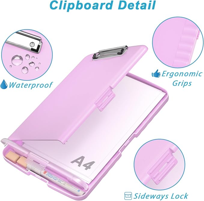 Rimilak Clipboard with Storage, 8.5 x 11'' High Capacity Clip Board, Pink | Smooth Writing, Side-Opening Plastic Folder with Pen Holder, Size 14.2 x 9.6 x 1.2″ ,for Classroom, Teacher, Student