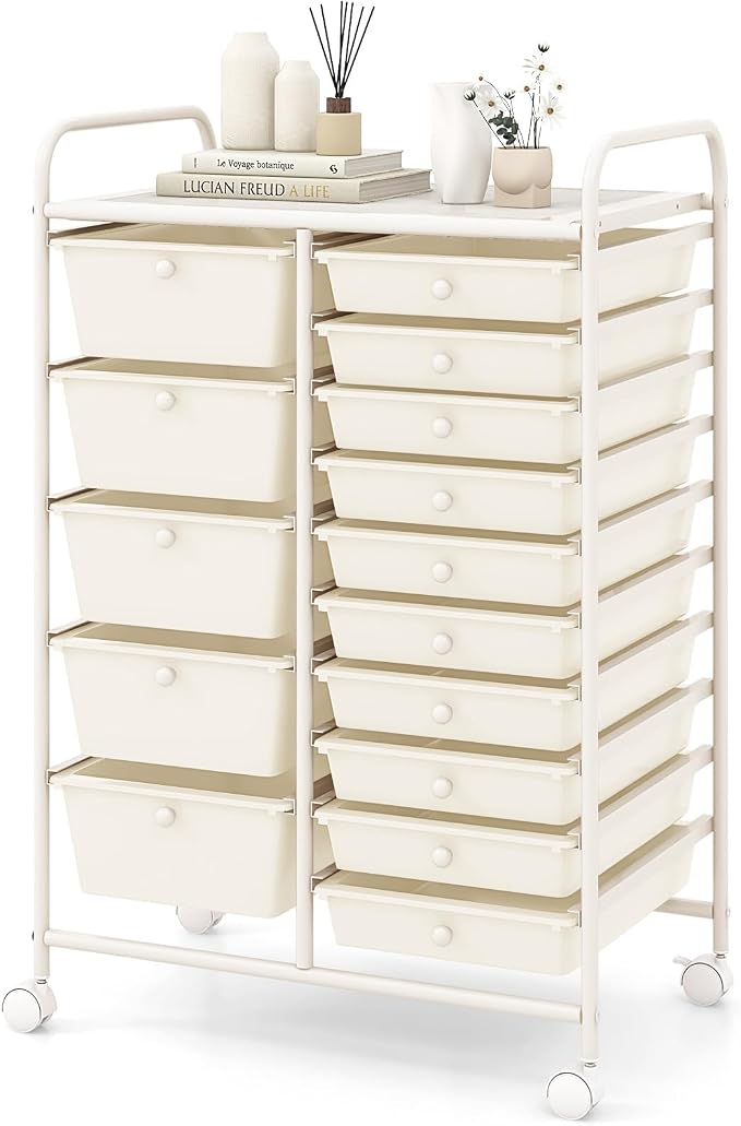 COSTWAY 15 Drawer Rolling Storage Cart, Mobile Storage Organizer | Removable Drawers & Metal Frame, Multipurpose Utility Tools Paper Organizer on Wheels for Home, Office (White)