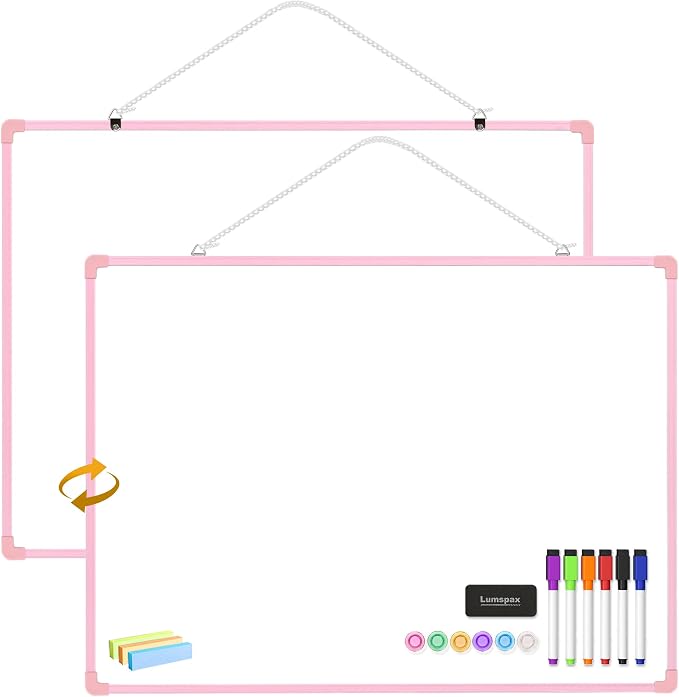 Dry Erase Board for Wall, 24" x 18" Double-Sided Hanging Magnetic Whiteboard with 6 Markers, 6 Magnets and 3 Mini Sticky Notes, Large White Board for School, Home, Office, Pink Frame