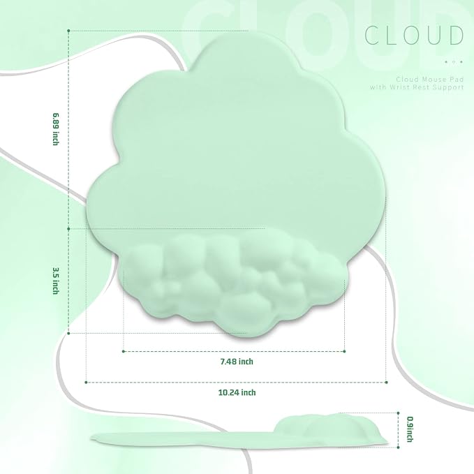 Gaming Mouse Pad Wrist Rest,Ergonomic Cloud Wrist Rest Mousepad with Gel Memory Foam,Non-Slip Rubber Base,Comfortable Mouse Pad for Home Office,Laptop,Mac,Lightweight,Easy Pain Relief (Light Green)