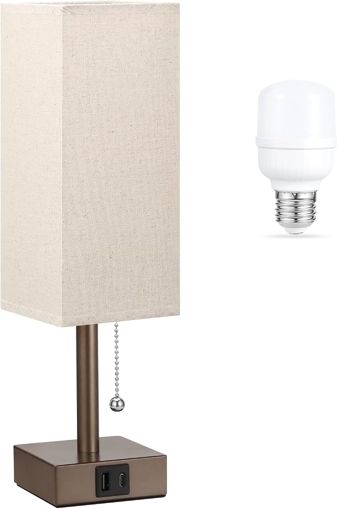 Brown Bedside Table Lamp for Bedroom - Desk Lamp For Nightstand, USB C+A | Pull Chain Lamp, 3 Color Modes(3000K/4000K/5000K), E26 LED Bulb Included, Square Brown Fabric Lampshade, for Read, Work, Dorm