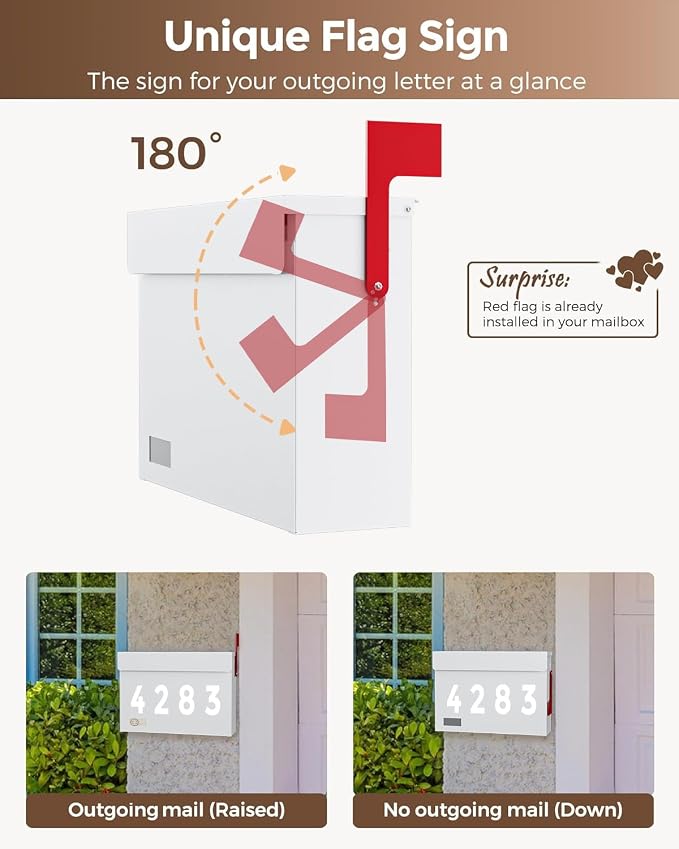 Modern Mailboxes for Outside, Metal Wall Mount Mailbox, with One Flag Kit and Three Sets of Mailbox Number Stickers, 3.9" D×14.2" W×10.2" H, Rust Resistant Coating Mail Boxes for House, White