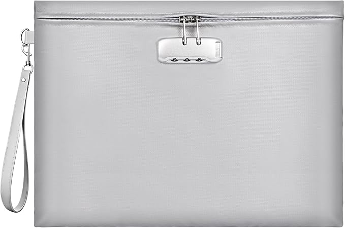 Fireproof Document Bag with Lock, ZOOPIP 14.3"x10.2" Fireproof and Waterproof Money Bag with Zipper Closure, Storage Pouch for A4 Letter Size Document, Cash, Cell Phone, Tablet,Passport-Gray