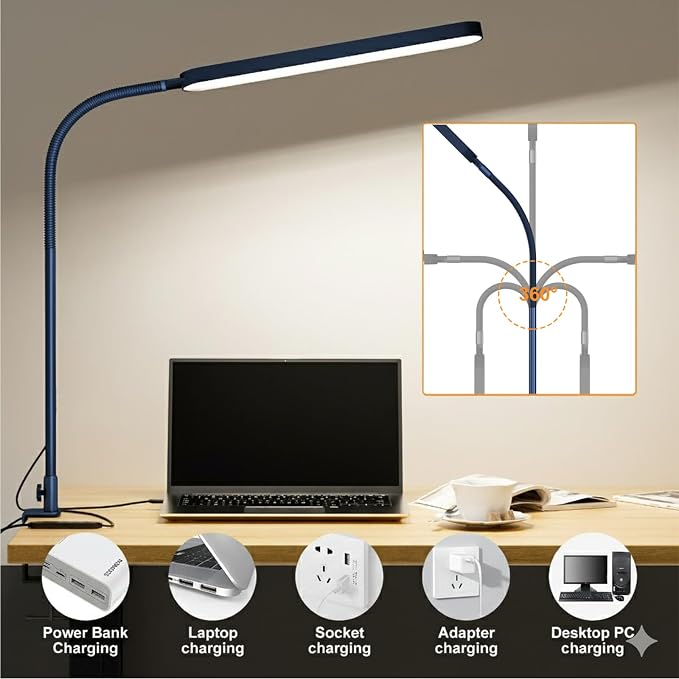 LED Desk Lamp - Desk Light for Home Office - Flexible Gooseneck - 5 Color Modes X 11 Brightness Levels - 1300LM - Timmer & Memory Function - 12W Clip on Light - Blue