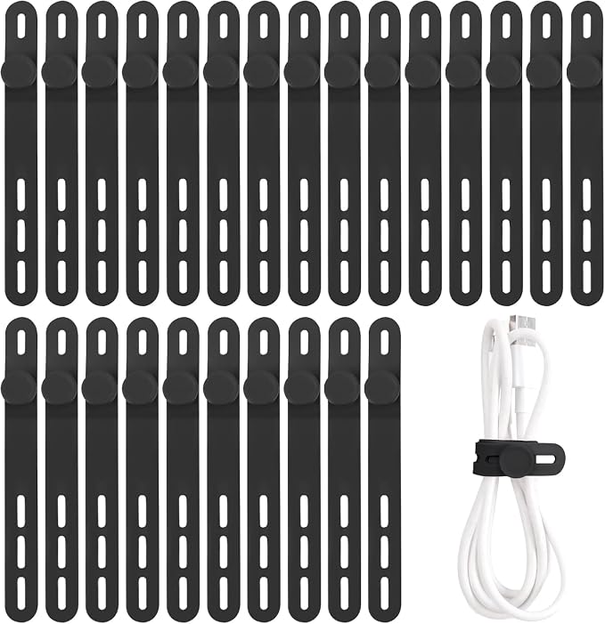 Oligei 25 Pcs Silicone Cable Ties, Cable Ties Reusable, High Elasticity Cord Wraps for Electrical Cords, Cord Organizer for Earphone, Phone Charger(Black)