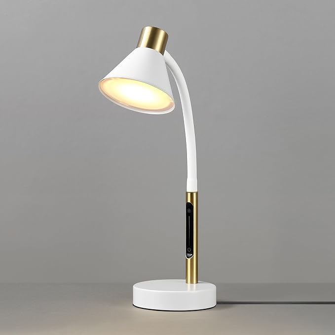 Globe Electric 15" LED Integrated Matte White Desk Lamp with Matte Brass Accent and Adjustable Silicone Gooseneck