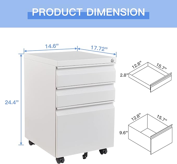 3 Drawer Mobile File Cabinet with Lock, White Under Desk Rolling Filing Cabinet, Metal Locking File Cabinet on Wheels for Legal/Letter/A4 File (Required Assemble)
