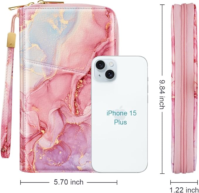 Family Passport Holder Wallet RFID Blocking Document Organizer | PU Leather Mulit-purpose Travel Wallet Credit Cards Case for Women Men, Pink Marble