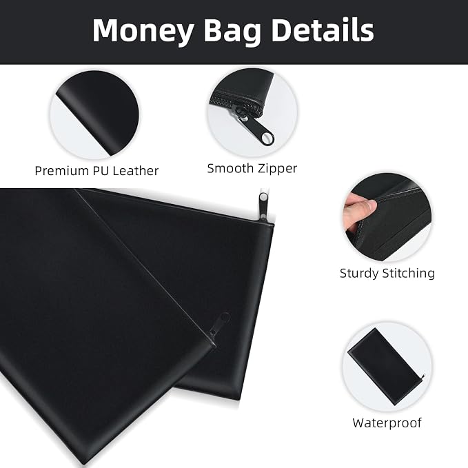 2-PCS Money Bags with Zipper, 11x6.1" PU Leather Bank Deposit Bags for Cash | Durable Cash Pouch Keeps Coins, Checks, Receipts Organized; Secure Travel Money Pouch Protects Bills, Passport & Valuables