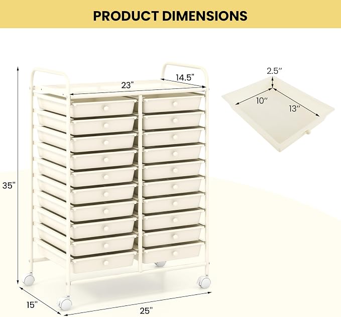COSTWAY 20-Drawer Rolling Storage Cart, Utility Storage Organizer Cart | For Tools, Scrapbook, Paper, Craft, Multipurpose Storage Trolley on Wheels for Home Office School (Ivory White)