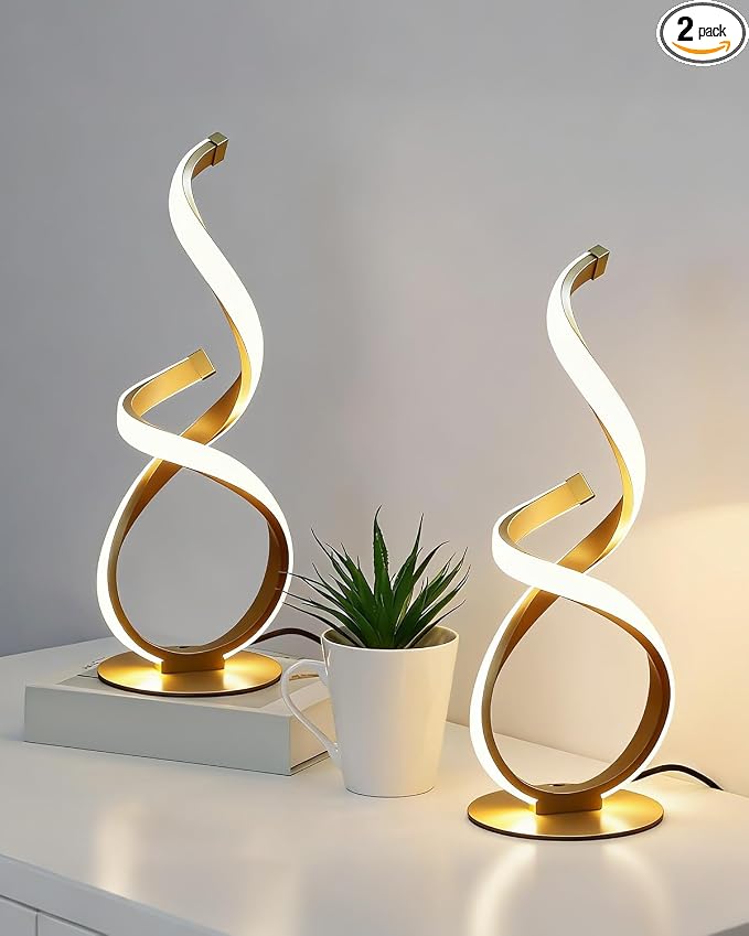 2 Pack Bedside Table Lamp, LED Spiral Desk Light, Touch Dimmable | 3 Color Temperature, Modern Nightstand Light for Night Stands, Unique Side Light for Bedroom, Living Room, Gold