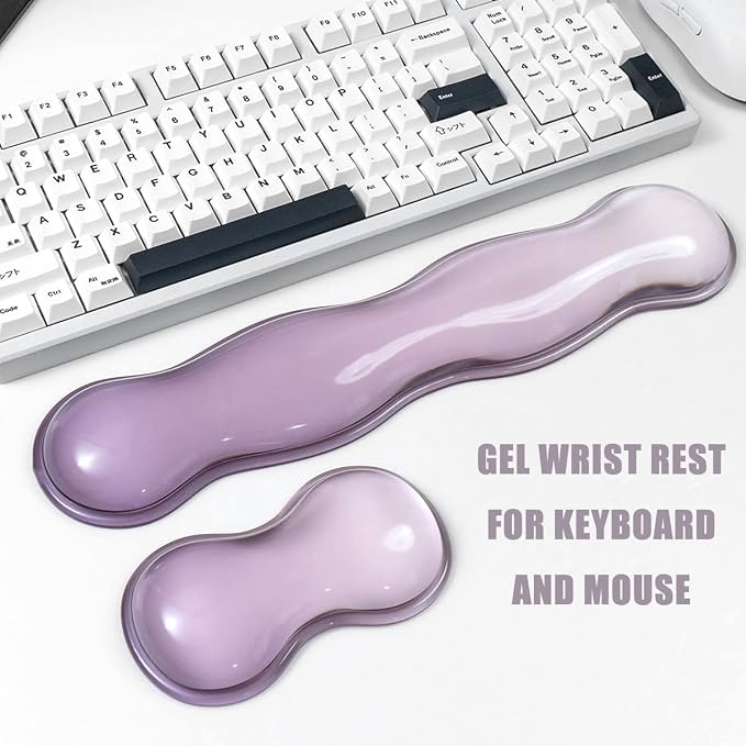 Ergonomic Gel Keyboard and Mouse Wrist Rest Set – Clear Wrist Rest for Computer Keyboard 60%/68%/75%, Comfort & Support for Typing and Gaming (Grey Purple)