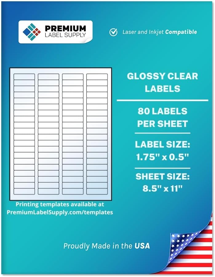Premium Label Supply Glossy Clear Return Address Labels – 1.75" x .5" – Laser/Inkjet Compatible – (80 per Sheet), 25 Sheets – 2,000 Total Adhesive Labels