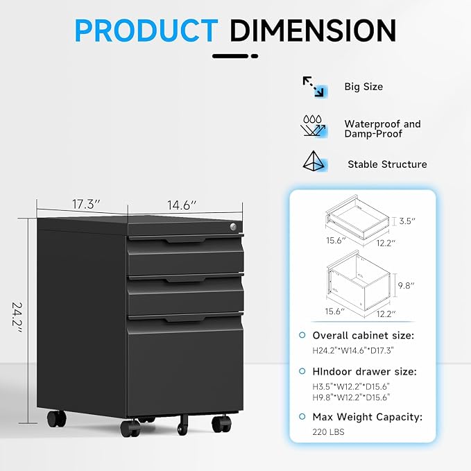 3 Drawer Mobile File Cabinet with Lock, Rolling File Cabinet with Wheels | Metal Small Filing Cabinet with Wheels for Home Office Storage, Fits Legal/A4/Letter/Document Size, Required Assembly, Black