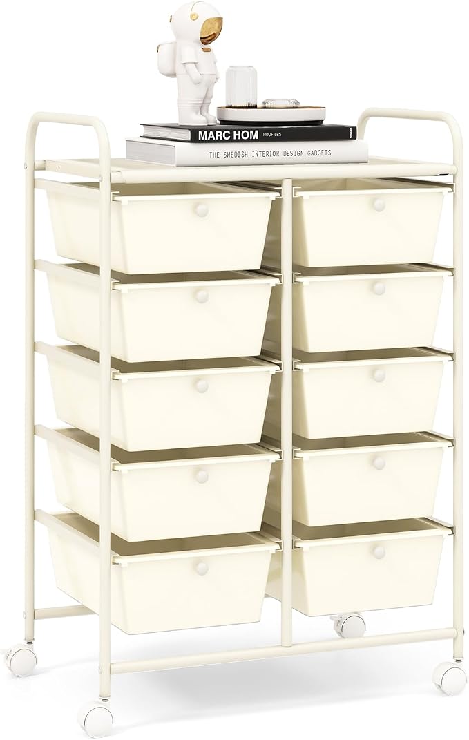 RELAX4LIFE 10 Drawer Storage Cart - Ivory Metal Frame Rolling Art Cart Organizer with Lockable Wheels, Utility Cart for Crafting Storage, Office, Home, School