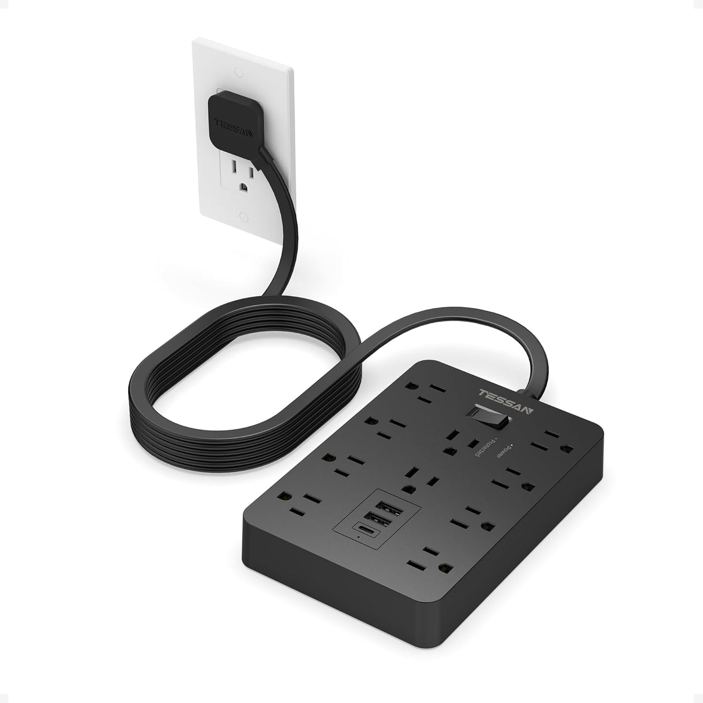 Surge Protector Power Strip Black, TESSAN Flat Plug Extension Cord 10 FT with 10 Widely AC Outlets 3 USB(1 USB C), 1700J Protection Multi Plug Charging Station for Home, Office, College Dorm Room