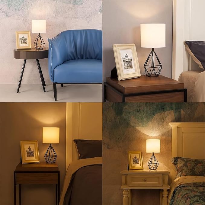 Black Bedside Table Lamps Set of 2, Small Nightstand Lamps for Bedroom, Modern Desk Lamps with TC Fabric Shade Geometric Metal Base for Living Room Study Office Farmhouse