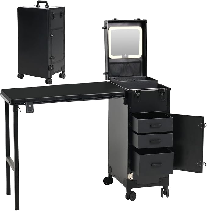 Rolling Portable Manicure Table with 3 Drawers, Lockable Makeup Train Case with Detachable Mirror, Foldable Nail Desk with Wheels & Handle, Mesa de Uñas Profesional para Nail Techs & Salon Use, Black