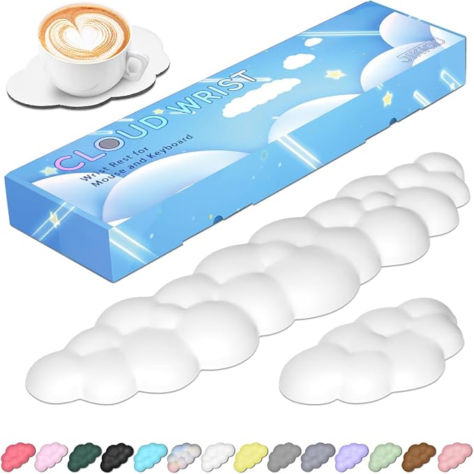JIKIOU Upgrade Leather Cloud Wrist Rest for Keyboard and Mouse & Cup Pad | Wish Gift-Cute Cloud Shape, Comfortable and don’t Irritate to Skin, Non-Slip PU Base,Soft Memory Foam filled for Pain Relief