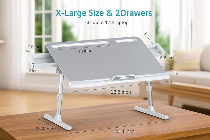Lap Table, Foldable Adjustable Laptop Lap Desk for Bed and Sofa, X-Large with 2 Drawers, Grey