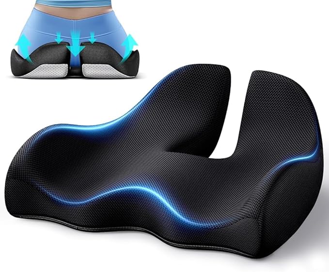 Benazcap XL Ergonomic Seat Cushion Relieves Sciatica & Tailbone Pain | Memory Foam cushion, washable cover & anti-slip base, long-sitting pad for office, gaming and car seats Black