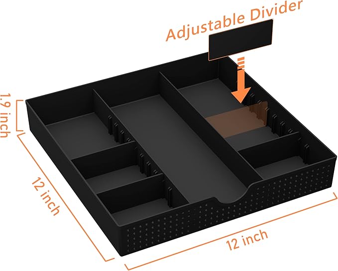 CAXXA 3 Slot Drawer Organizer with 4 Adjustable Dividers - Junk Drawer Storage for Makeup & Vanity, Office Desk Supplies and Accessories (BLACK, 1 PACK)
