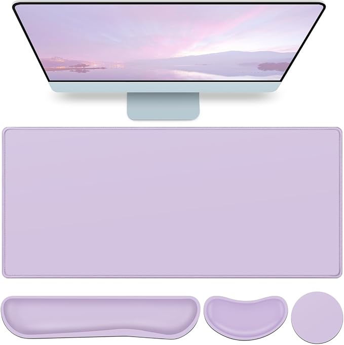 Desk Mat Purple, Large Gaming Mouse Pad with Wrist Rest, 4in1 XXL | Mousepad+Keyboard Wrist Rest+Mouse Pad Wrist Support+Cup Coaster Set Ergonomic Computer Desk Arm Wrist for Decor Office Women