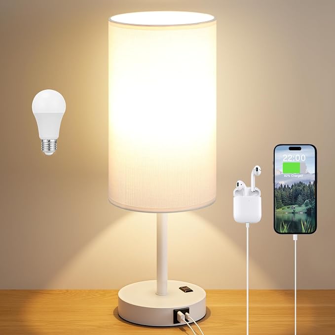 Dicoool 17.4" Bedside Lamp for Bedroom - Dimmable Touch, USB A+C, AC Outlet | LED Bulb Included, 3-Way Dimmable, 17.4" Table Lamp for Living Room, Dorm, White Fabric Lampshade, White Metal Base