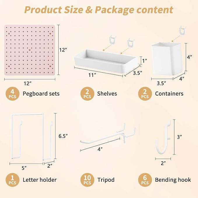 FZK Pink Modular Plastic Pegboard Wall Organizer Kit, 12x12, 4 Panels | ABS material, wall mount storage kit, includes hooks and shelves, drill free or screw installation, for home decor& bedroom