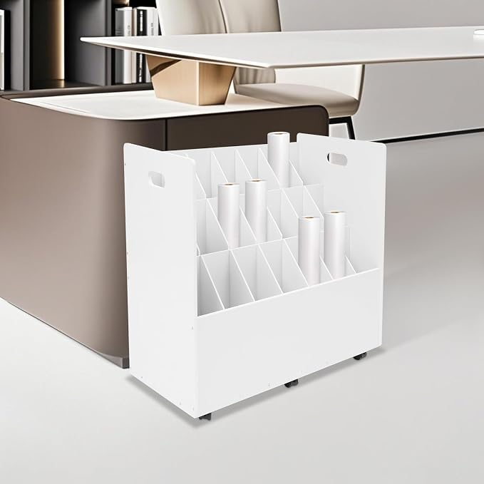 Blue Print Storage Organizer with Wheels, 21 Slots Roll Files Cart, White | Mobile Blueprint Storage Rack Cart, Construction Plan Holder, Map Poster Storage Cabinet for Office Home School