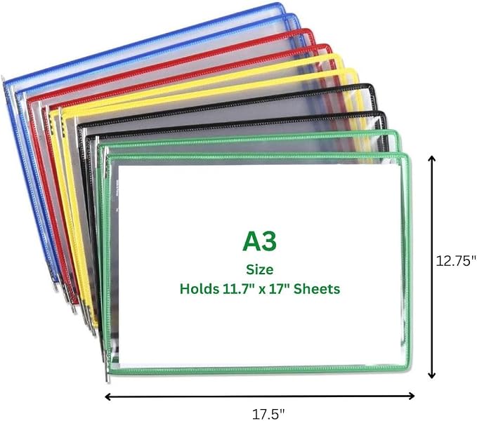 Tarifold Replacement PVC Pivoting Pockets, A3 Landscape, Assorted, 10 Pack | 10 PVC pockets, holds up to 20 sheets, A3 size paper, landscape orientation, snap-on index tabs, top-loading