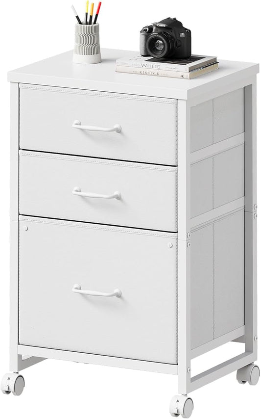 3 Drawer File Cabinet with Wheels with Open Storage Shelf, White | Rolling Printer Stand Fabric Lateral Filing Cabinet for Home Office
