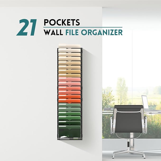 21 Tier Wall File Organizer, Hanging Wall Mounted Mail Organizer with Label Slots, Metal Mesh File Holder Magazine Rack for Office, Home, School or Classroom, Black
