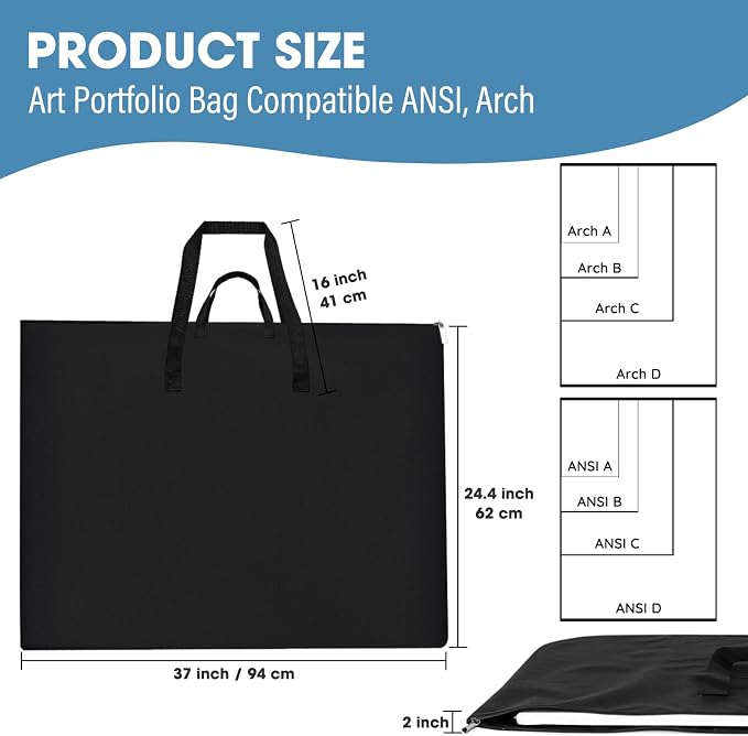 ZKOO Large Size Art Portfolio Bag, Light Weight Art Canvas Portfolio Case with Nylon Shoulder Strap, Carrying Storage Case for Artwork, Poster, Sketching, and Drawing (Compatible 24 * 36 Inch-Black)