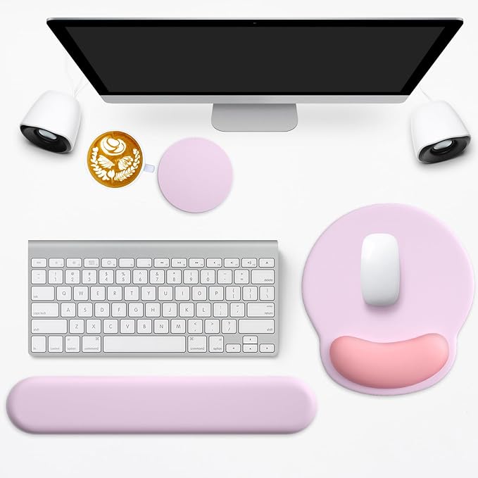 3 in 1 Ergonomic Mouse Pad and Keyboard Wrist Rest with Coaster Set-Pink | Cute Large Mousepad with Gel Wrist Support for Gaming Computer Laptop Women Office Home Desk Decor
