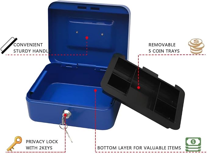 KYODOLED Cash Box with Money Tray,Storage Safe Lock Box with Key,Cash Drawer,7.87"x 6.30"x 3.54" Blue Medium