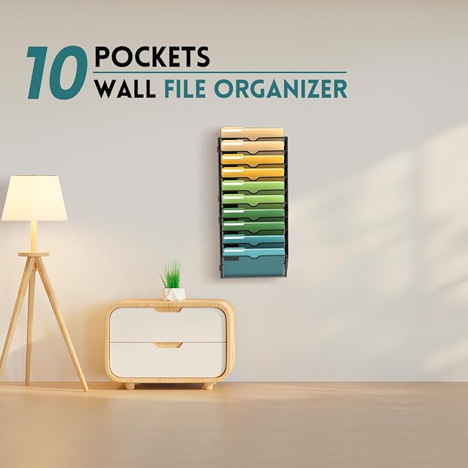 10 Tier Wall File Organizer, Hanging Wall Mounted Mail Organizer with Label Slots, Metal Mesh File Holder Magazine Rack for Office, Home, School or Classroom, Black