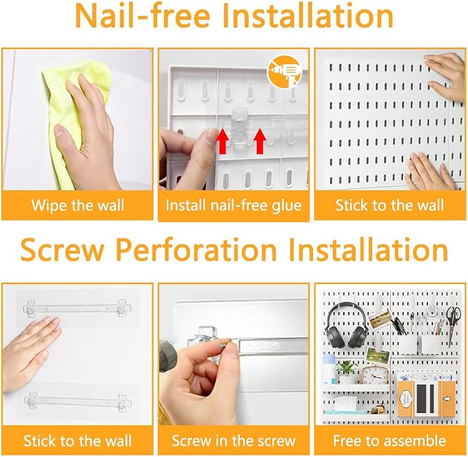 16pcs Pegboard Sets, Plastic White Peg Board Wall Organizer Kits | 4pcs Peg Board and 12 Accessories Modular Hanging Wall Mount Display Pegboard Sets for Home Office Garage Kitchen Workshop