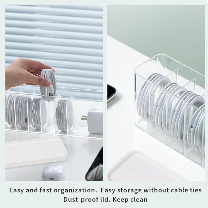 Charger Cable Cord Storage Organizer Box - Easy Storage Without Cable Ties - 2 Pack With Lid