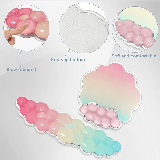 Sumgsn Gel Wrist Rest Set, Ergonomic Clear Cooling Wrist Rest Support Set with Non-Slip Base for Computer/Laptop/Gaming/Home/Office/Typing Pain Relief (Cloud Shape, Light Blue and Pink)